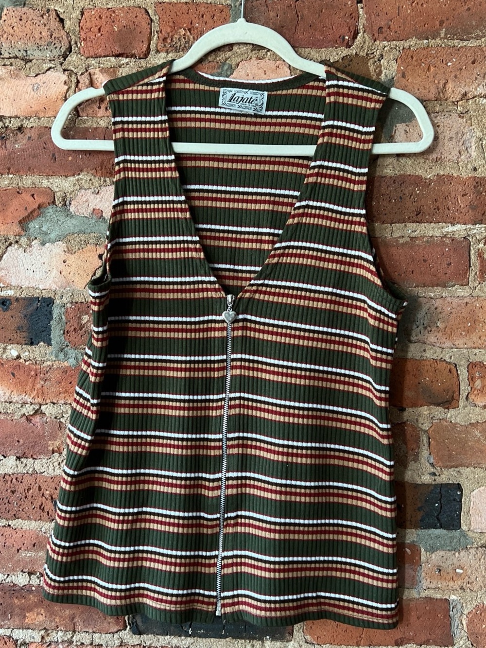 Striped Ribbed Zip-Front Tank Top - Olive Multi
